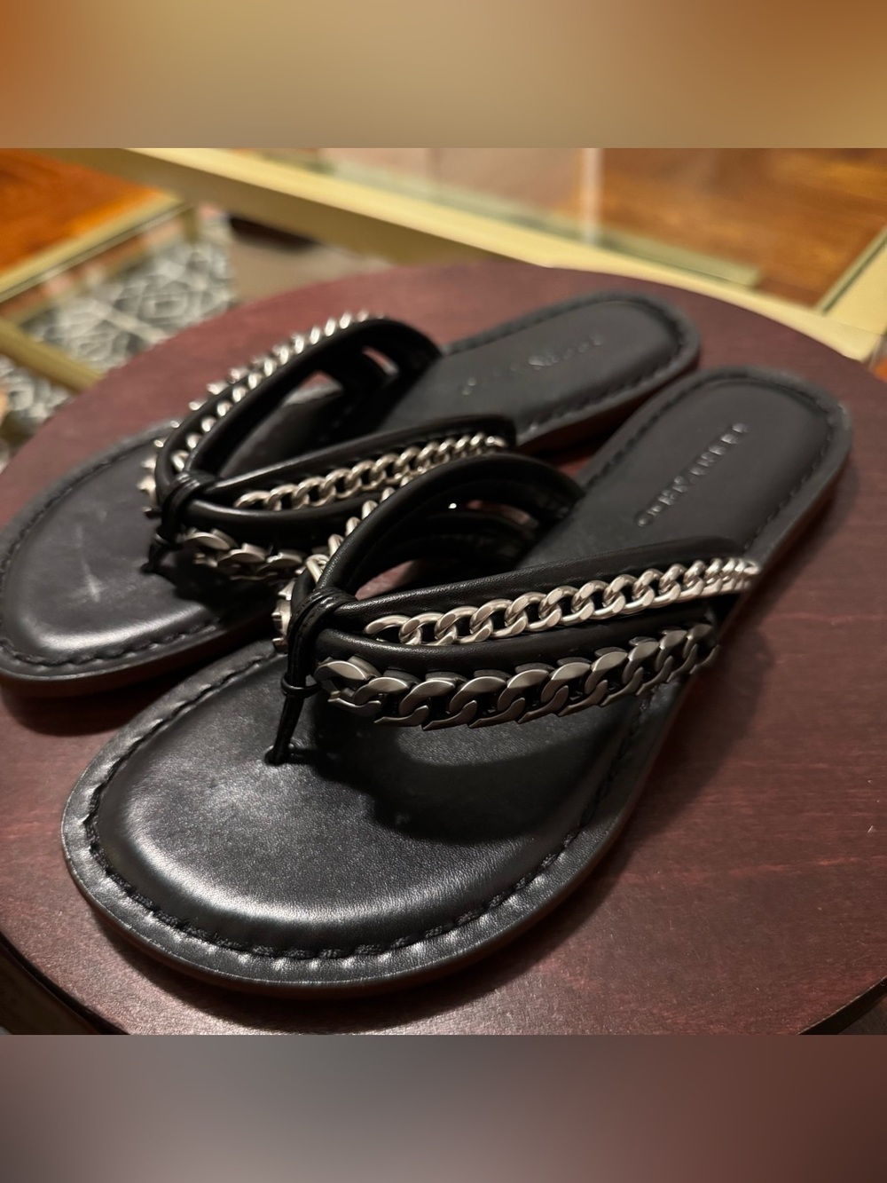 Bernardo Black Chain-Trim Thong Sandals
